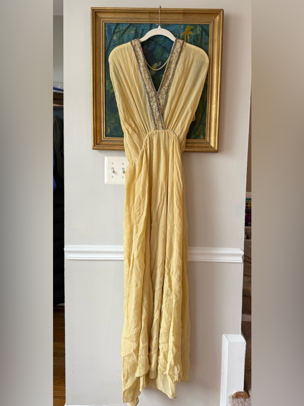 Zara Pale Yellow Maxi Dress with Beaded V-Neck Trim
